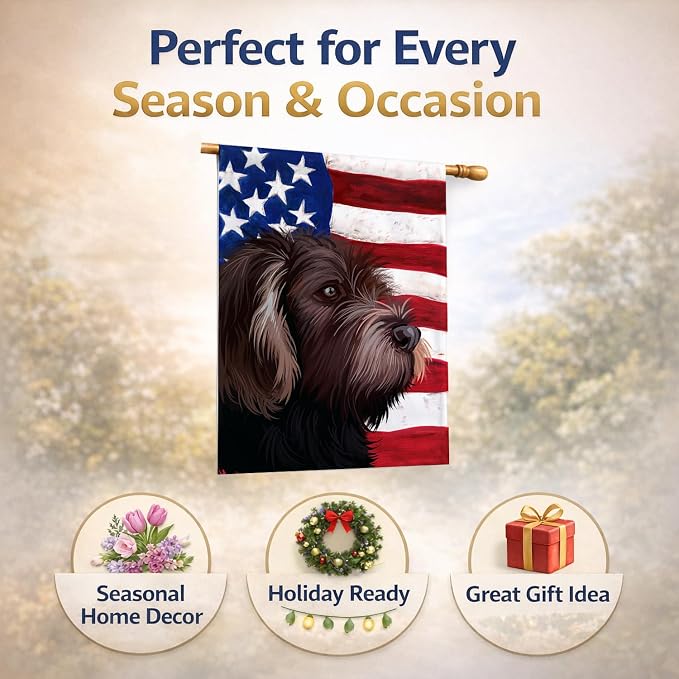 Caroline's Treasures CK6535CHF German Roughhaired Pointer American Flag House Flag Large Porch Sleeve Pole Decorative Outside Yard Banner Artwork Wall Hanging, Polyester, House Size, Multicolor