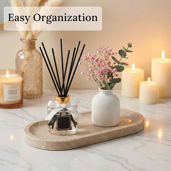 Travertine Vanity Tray for Bathroom Counter, 10"x5" Natural Marble Tray, Hand Polished, Perfume Organizer with Non-Slip Base, Candles, Stone Jewelry Dish (Travertine Beige, 9.8X4.7)