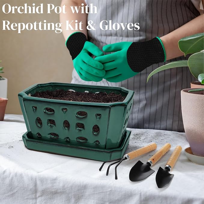 Pumtus Ceramic Orchid Pot with Saucer & Holes, Large Rectangle Repotting Plant Pot with Gloves & 3 PCS Shovels, Thickened Glazed Decorative Planter, Slotted Flower Container for Good Air Circulation