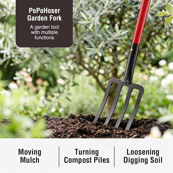 Heavy Duty Garden Fork, 4-Tine Digging Fork with Ergonomic Fiberglass Handle, Pitch Fork, 44 Inch Spading Fork for Compost, Mulch, Hay & Soil