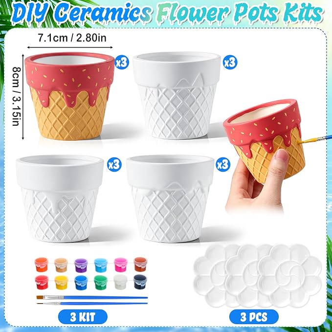 Zubebe 12 Pcs Paint Your Own Ceramic Pots Bulk Unfinished Succulent Pots Craft Kit with Drainage Hole Mini Paintable Plant Vase Ready to Paint Planter for Cactus DIY Craft (Ice Cream)