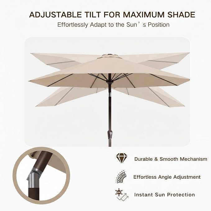 Kingdura 10FT Outdoor Patio Umbrella, Round Market Table Umbrella with Push‑Button Tilt and Crank Lift, 8 Sturdy Metal Ribs, UV50+ Protection Canopy for Backyard, Lawn, Deck, Poolside, Garden (Beige)