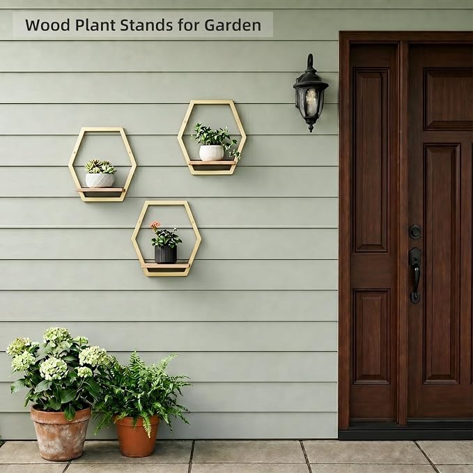 3 Pack Solid Wood & Metal Framework Wall Plant Stands,9 inch Natural Wood Shelf of Indoor,Mid Century Modern Hanging Planter for Outdoor Entryway 25 LB Load for Plants Golden