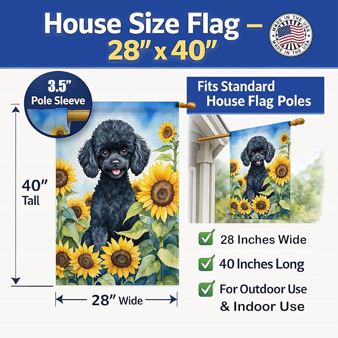 Caroline's Treasures DAC6137CHF Black Poodle in Sunflowers House Flag Large Porch Sleeve Pole Decorative Outside Yard Banner Artwork Wall Hanging, Polyester, House Size, Multicolor
