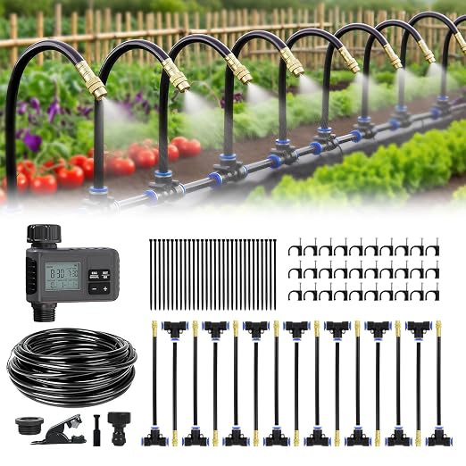 50FT Drip Irrigation System,Everything You Need for Patio & Garden Watering – 15 Nozzles, Easy-Set Timer, and 5/16 Inch Hose for Greenhouse or Lawn Care