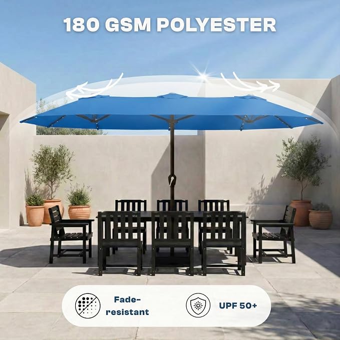15FT Large Patio Umbrella with Base Included, Double Sided Outdoor Market Umbrella with Flexible Fiberglass Ribs, UV-Blocking Extra Large Umbrella for Garden, Pool, Deck, Royal Blue