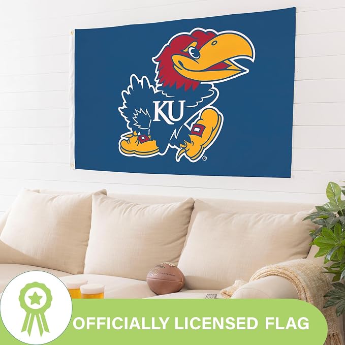 NCAA University of Kansas Flag with Grommets, 3'x5' KU Jayhawks Outdoor College Flags & Banners for Garden Patio Indoor Wall Décor