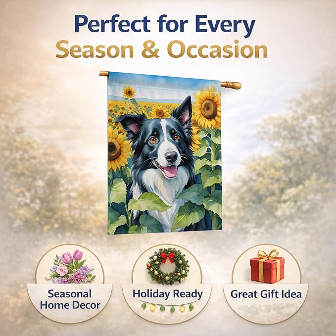 Caroline's Treasures DAC6031CHF Border Collie in Sunflowers House Flag Large Porch Sleeve Pole Decorative Outside Yard Banner Artwork Wall Hanging, Polyester, House Size, Multicolor