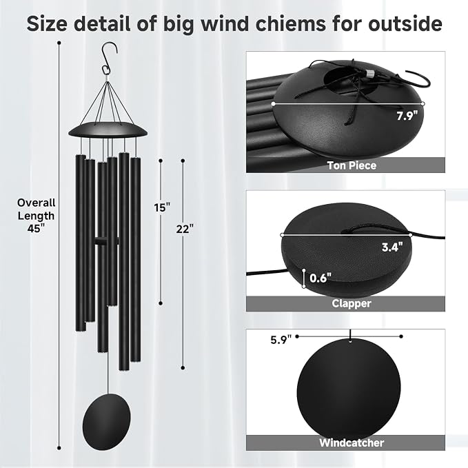 45" Large Wind Chimes for Outside, 6 Thick and Bold Aluminum Tubes Tuned Relaxing Melody Wind Chime Deep Tone, Big Wind Chimes for Garden Patio Decor, Great Gift Idea for Mother's Day (Black)