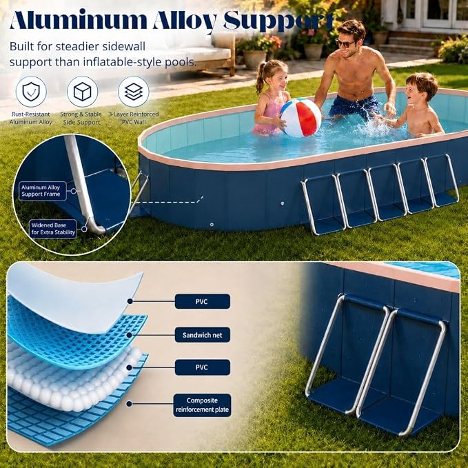 12 ft Foldable Non-Inflatable Swimming Pool, 143.70 x 98.43 x 19.69 in, Blue PVC Backyard Pool with Aluminum Alloy Triangle Supports for 3 Adults and 5 Children