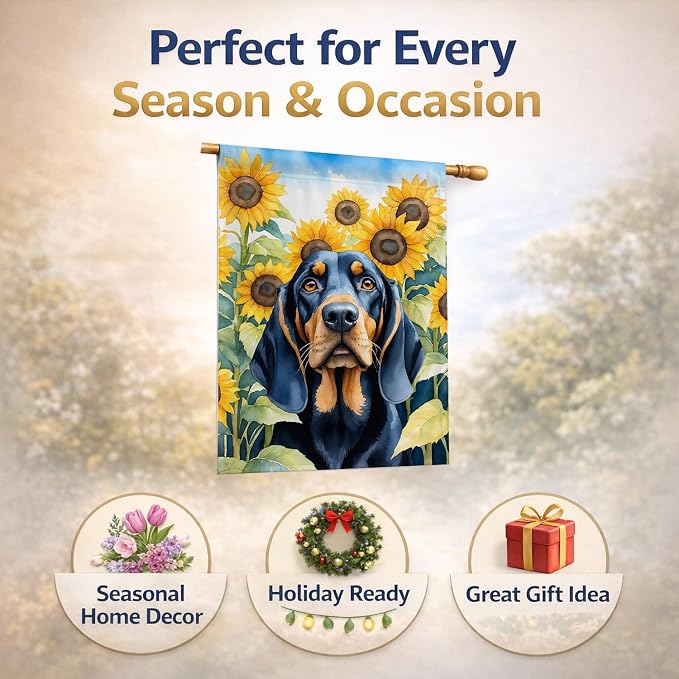 Caroline's Treasures DAC6028CHF Black and Tan Coonhound in Sunflowers House Flag Large Porch Sleeve Pole Decorative Outside Yard Banner Artwork Wall Hanging, Polyester, House Size, Multicolor