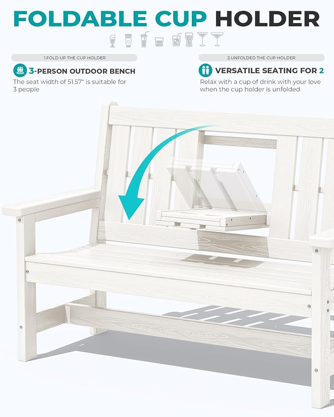SERWALL HDPE Outdoor Bench with Cup Holder Oversized 58" Porch Bench, White | Suitable for 3 Person, Heavy-duty, High Backrest, Weatherproof Material Patio Benches for Garden, Park, Yard, Front Porch