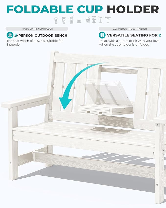 SERWALL HDPE Outdoor Bench with Cup Holder Oversized 58" Porch Bench, White | Suitable for 3 Person, Heavy-duty, High Backrest, Weatherproof Material Patio Benches for Garden, Park, Yard, Front Porch