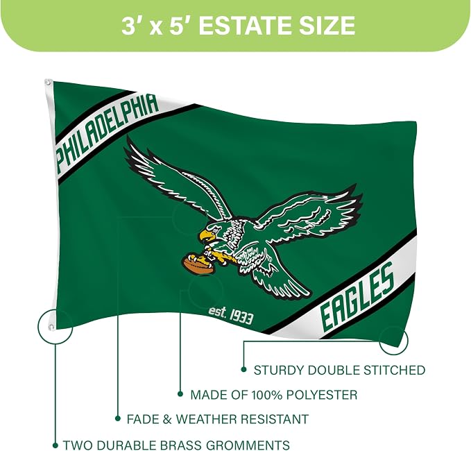 NFL Philadelphia Eagles Vintage Logo 3' x 5' Outdoor Durable Flag with Grommets, Outdoor Banner for Garden Patio Decoration, Indoor Wall Decor Flag for Room, Works with Flag Poles for Outside House