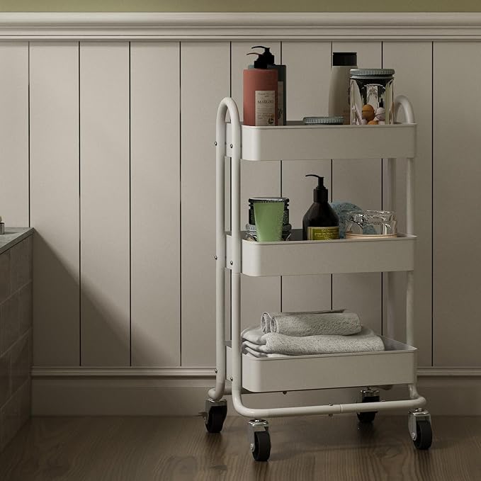 Metal Rolling Cart,3-Tier Metal Rolling Cart with Wheels,3 Tier Utility Cart with Wheels for Office,Home,Kitchen,Garden（13.4"x18.1"x31"） White