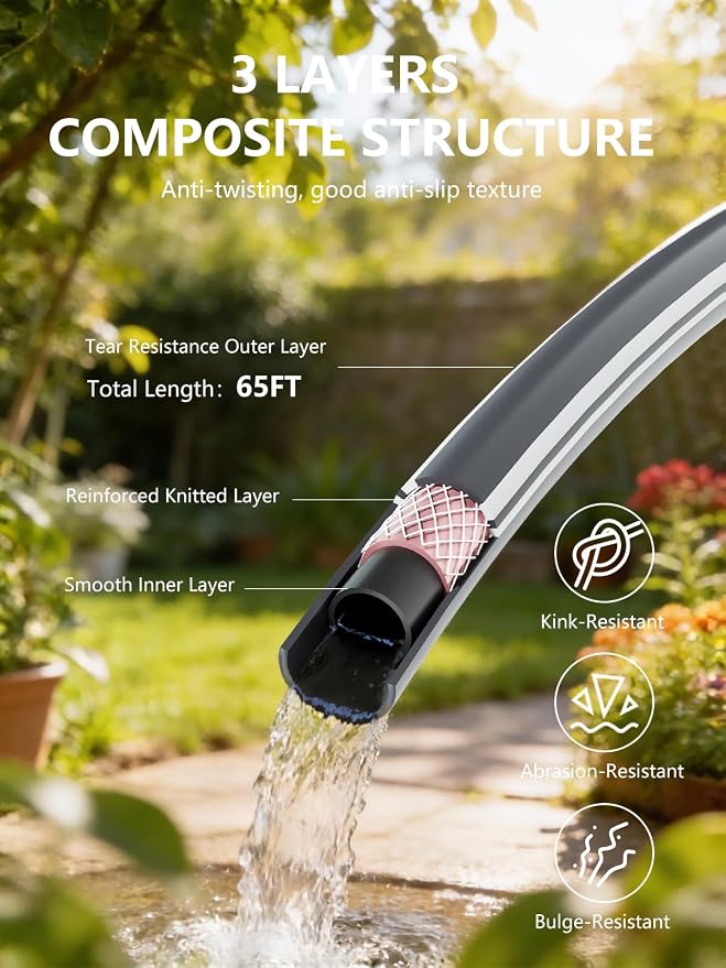 Retractable Garden Hose Reel 1/2 in x 65 ft Heavy Duty Automatic Water Hose Reel with 10-Function Sprayer Nozzle Kink-Free Auto Rewind Any-Length Lock 180° Swivel UV Resistant - Dark Gray