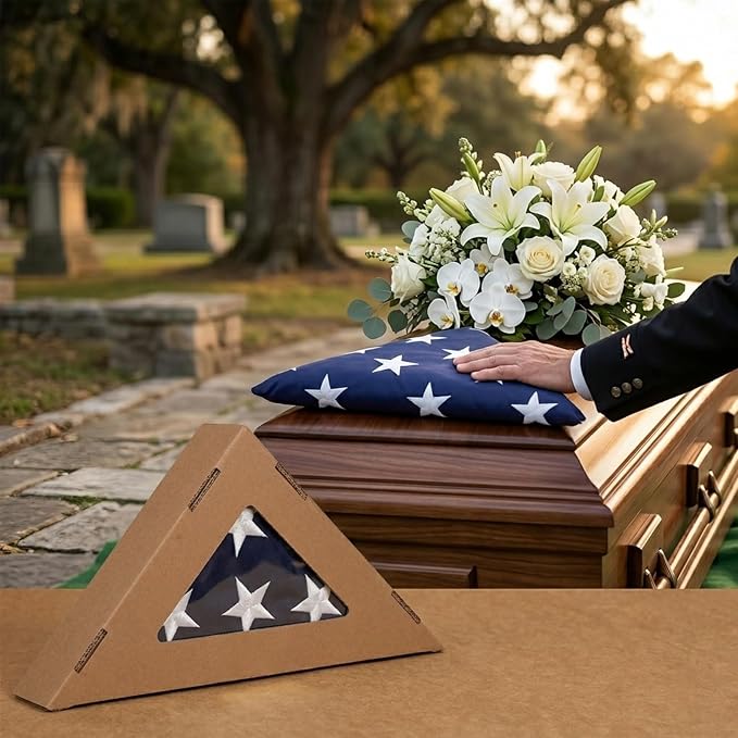 JRED 100% Cotton Folded American Flags for Outside 3x5 FT US Flag Heavy Duty Outdoor Embroidered Stars Brass Grommets Triangle Packaged for Memorial, Burial, or Display