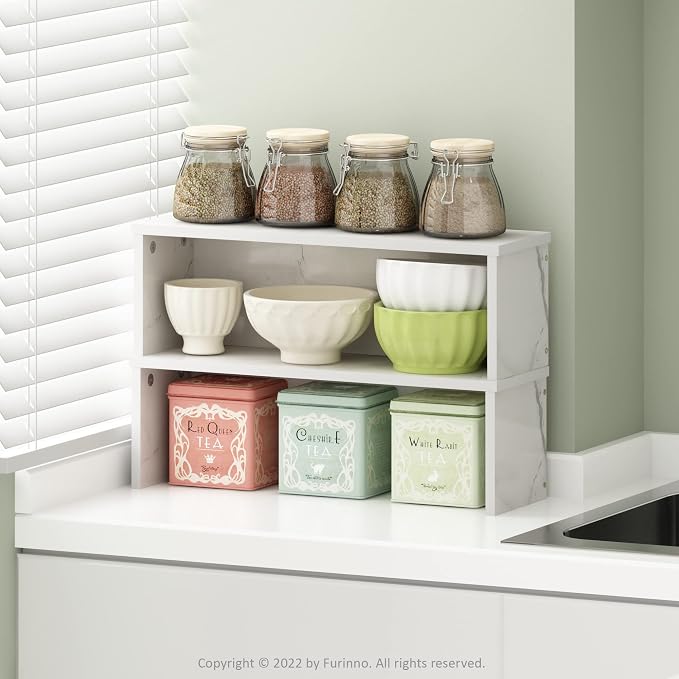 Furinno Helena Kitchen Counter Stackable Organizer Shelf, Set of 2, 18-Inch, Marble White