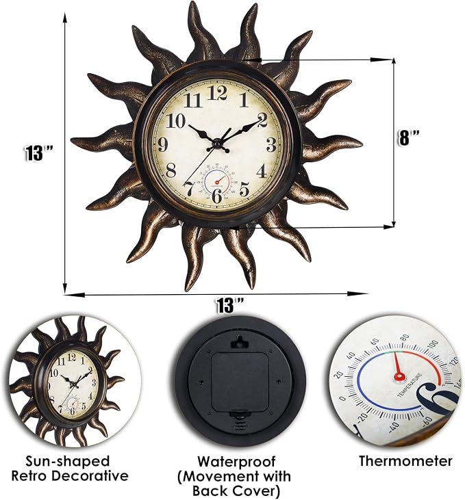 Sun Outdoor Clock with Thermometer - Silent Non-Ticking Retro Decorative Wall Clock, Waterproof PVC for Patio, Garden, Pool, Bathroom, Kitchen Decor - 13 Inch, Bronze