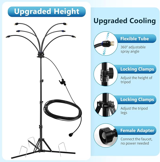 6-Nozzle Adjustable Standing Misters for Outside Patio - Stand Misting System for Cooling Outdoor Areas, Easy to Install & Maintain, Custom Coverage, Durable for Backyard Use.