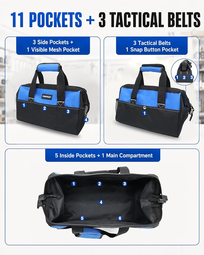 COMOWARE 13-Inch Tool Bag, Zip-top Wide Mouth Open top Tool Bag, Large Capacity Tool Organizer with Inside Pockets, Blue Tool Tote Bag for Carpenter, Mechanic and Home Repair