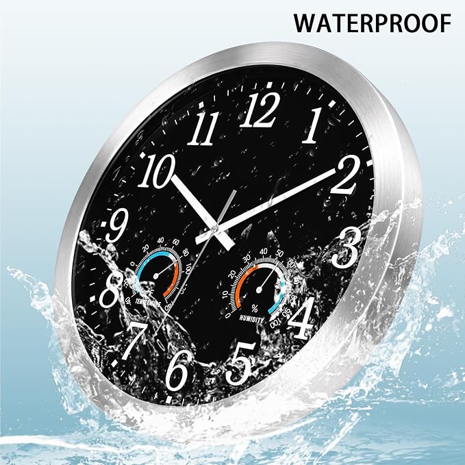 Caysie 16 Inch Indoor Outdoor Clocks Waterproof with Thermometer and Hygrometer Combo, Silent Battery Operated Quartz Metal Wall Clock for Patio Pool Bathroom Home (Black)
