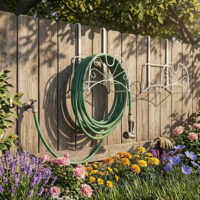 Garden Hose Holder, Metal Water Hoses Holder for Outside, Heavy Duty Detachable Garden Tube Storage Hanger Rack Holds 160 FT for Expandable & Flexible Hoses - Wall Mount or Hanger (Large White)