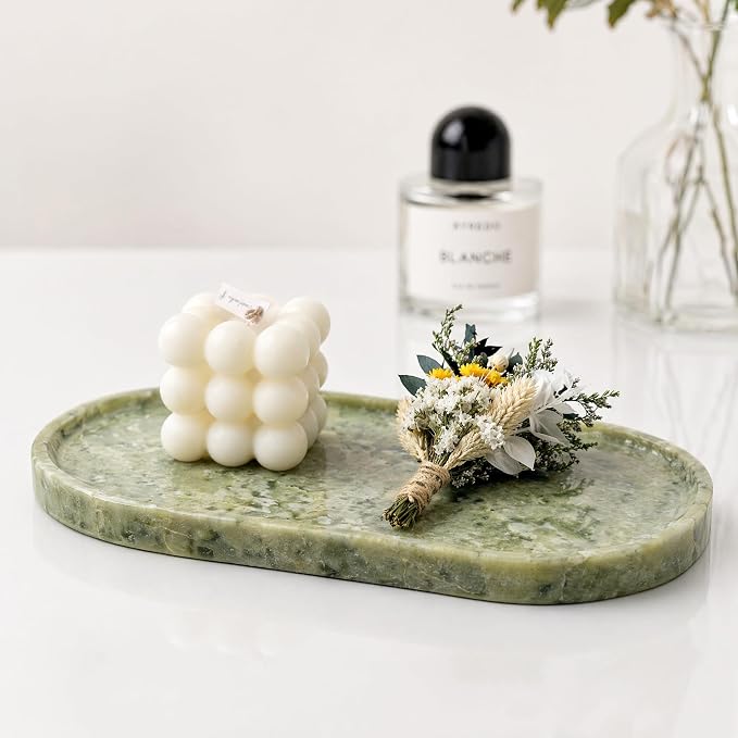 Genuine 100% Natural Marble Tray, Luxury Green Stone Vanity Tray | 11.8" x 5.9" Decorative Oval Trays for Countertop Storage, Bathroom, Dresser, Kitchen, Home Decor, Jewelry Makeup Organizer