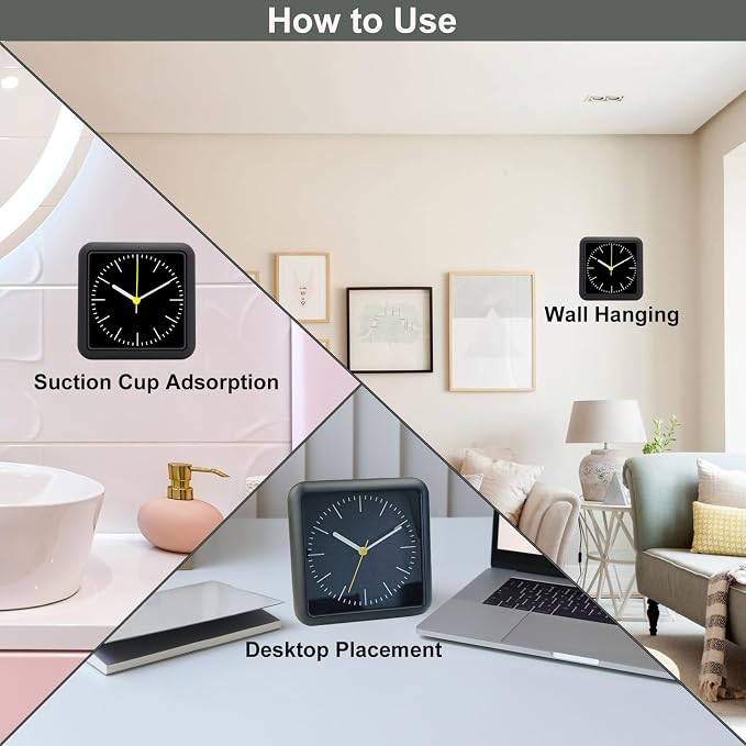 Bathroom Waterproof Wall Clock, Black Indoor Wall Clock with Suction Cup, Quartz Movement, Plastic Frame, Flexible Choice for Hanging Or Standing, Modern Silent Small Clock for Living Room and Kitchen
