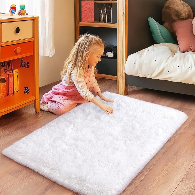 2x3 Small White Rugs for Bedroom, Soft Fluffy Shaggy Bedside Throw Rugs for Living Room, Indoor Floor Carpet for Kids Girls and Boys, Nursery Rooms, Home Decor Aesthetic