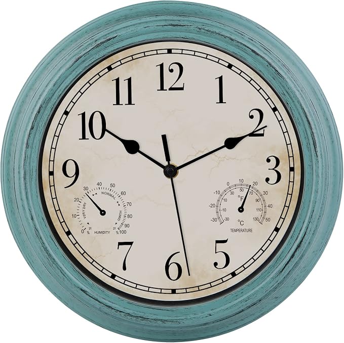 12 Inch Indoor Outdoor Retro Waterproof Wall Clock with Thermometer and Hygrometer, Battery Operated Quartz Round Wall Clock Silent Non Ticking Home Decor,Green
