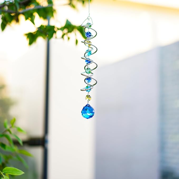20.5in Sea Blue Crystal Gazing Ball Spiral Wind Spinner Suncatcher | Sea Blue Crystal Gazing Ball Spiral Wind Spinner Rainbow Maker Sun Catcher with Chain for Indoor Outdoor Garden Decor