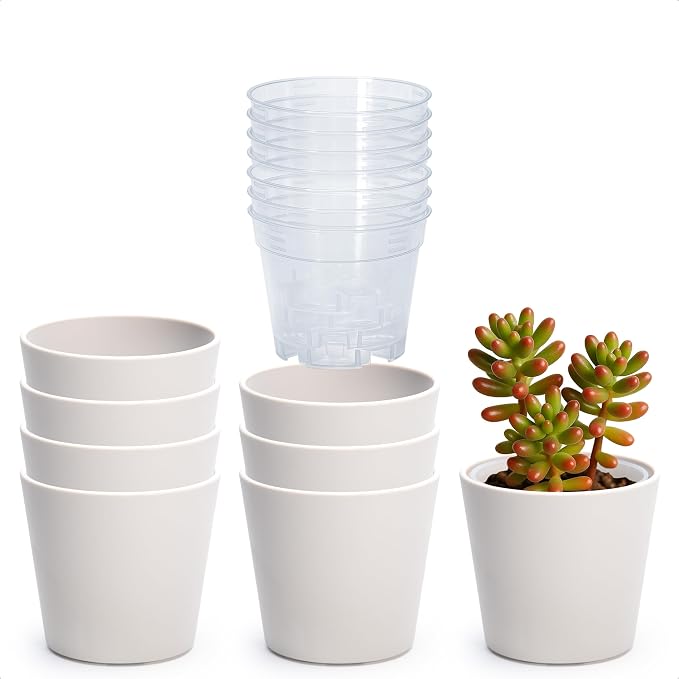 Phoenix Vine 4.5 Inch Oatmeal Plastic Cachepot with Clear Nursery Pot, Decorative Lightweight Planter Cover with Transparent Inner Pot for Indoor Houseplants, Pack of 8, 24-B-G-8