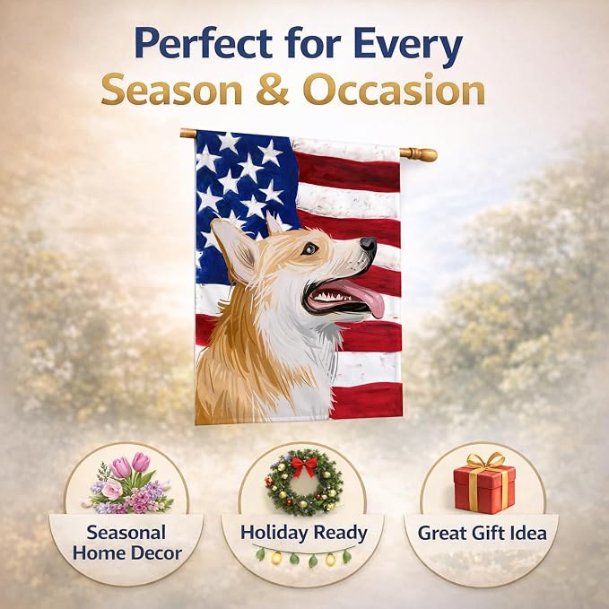 Caroline's Treasures CK6751CHF Pembroke Welsh Corgi American Flag House Flag Large Porch Sleeve Pole Decorative Outside Yard Banner Artwork Wall Hanging, Polyester, House Size, Multicolor