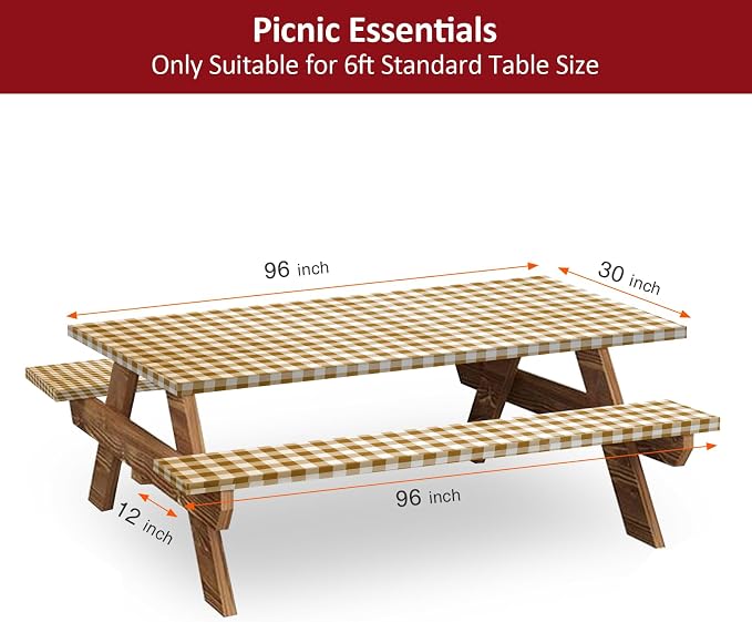 8ft Picnic Table and Bench Cover, Camping Essentials RV Gear, 96 in Waterproof Windproof Outdoor Elastic All Around Tablecloth, Fitted Rectangle Tables and Seats, Coffee-White Checkered