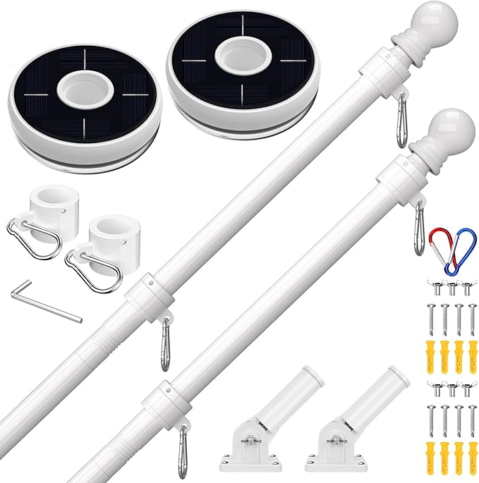 ZMTECH Flag Pole for Outside House - 6 Foot American Flag Pole with Solar Light, 180 Degree Adjustable Flag Holder, Tangle-Free Stainless Steel Outdoor Flagpole Set, 2 Pack White