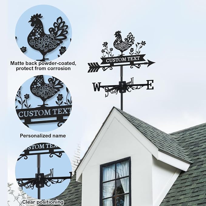 Personalized Metal Weather Vane, Custom Name Weathervane, Chicken Coop Signs, Weather Vanes for Outside, Wind Vanes for Farmhouse Yard Shed Decor, Housewarming Gifts Color04