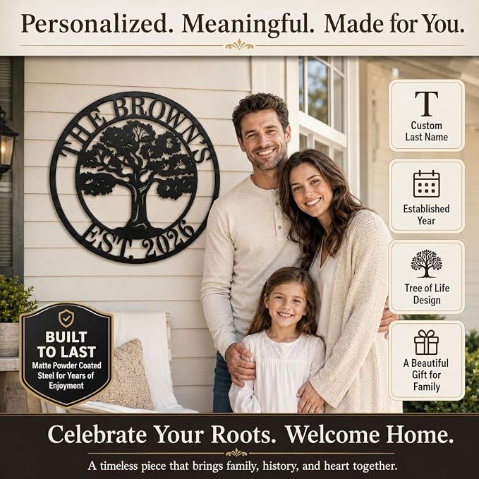Personalized Tree of Life Metal Sign, Oak Tree Family Monogram Wall Decor, Custom Split Letter Name Plaque for Front Porch Garden Patio, Last Name Sign, Dad Gift