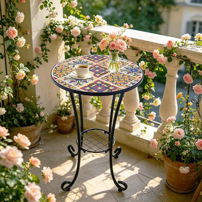 Mosaic Outdoor Side Table Small Round Patio Table Plant Stand | 21" Accent End Table with 14" Ceramic Tile Top for Small Spaces Porch Pool Garden Decor Indoor Living Room Bedroom Balcony