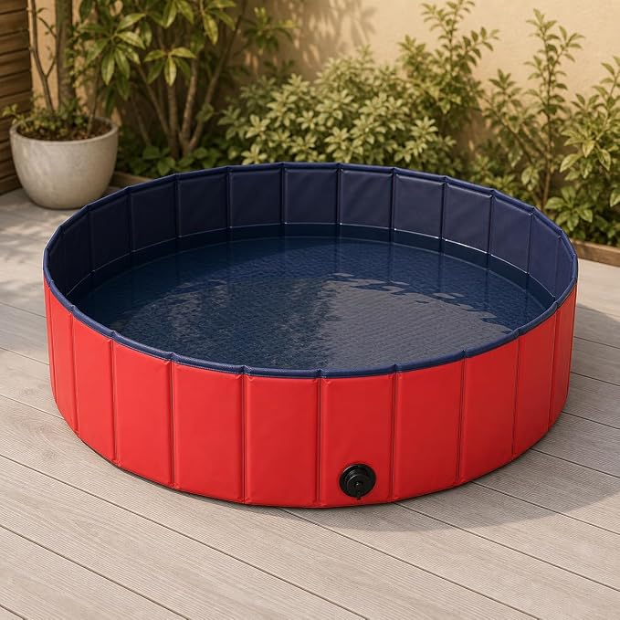 lionto Foldable Dog Pool Made of Scratch-Resistant PVC Material, Ø 62,9 in, Height 11,8 in, Anti-Slip Coating & Drain Plug for Quick Emptying, no Pump Required, Robust Children's Pool, Blue/red