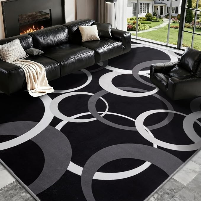 Black and White 8x10 Area Rugs for Living Room, Circle Pattern Washable Rug for Bedroom Non Slip Low Pile, Soft Modern Carpet for Dining Room Playroom Home Office Decor