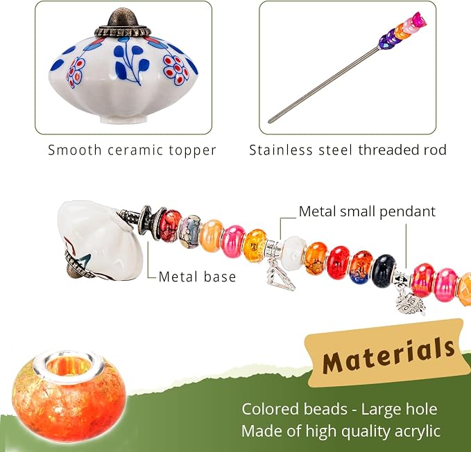 Decorative Garden Stakes DIY Fairy Wand Beaded Garden Plant Stakes Kit with Ceramic Stopper Tops Silver Pendant Threaded Rod,100 Colorful Beads for Indoor Outdoor Plant Flower Pot Décor