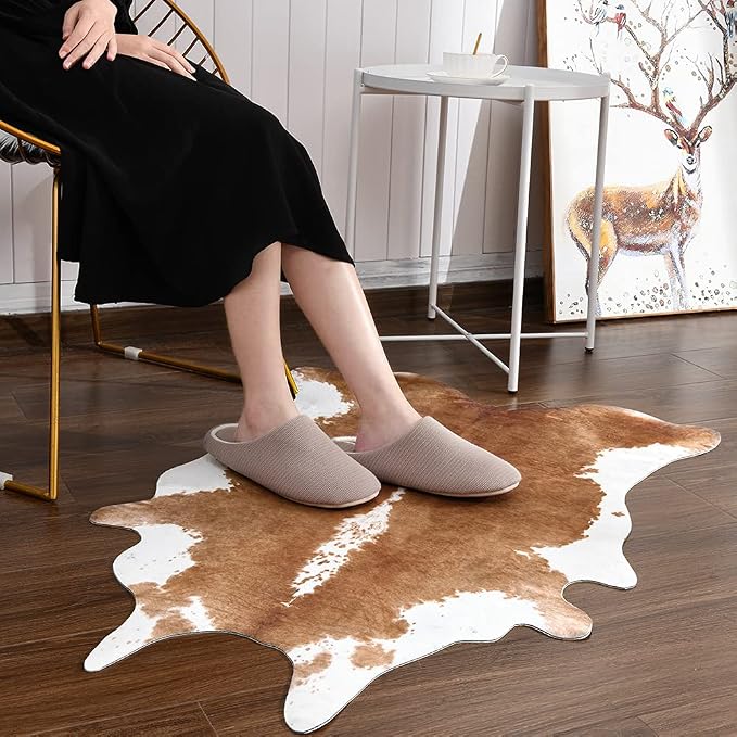 BENRON Small Faux Cowhide Rug, Cow Print Rug for Kitchen Hallyway 2.3x3.6ft | Western cow hide rug for Home Decor, Washable Rugs with Irregular Animal Skins and Hides, Non Slip, Khaki Brown