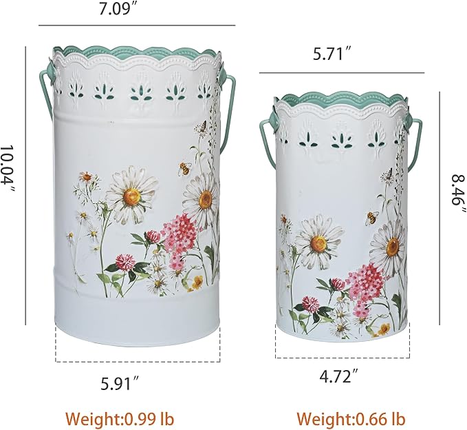 Set of 2 Farmhouse Floral Metal Flower Bucket Vase, Rustic Embossed Daisy Bee Design Planter with Hollowed-Edge, Decorative Pot for Indoor Outdoor Home Garden, Kitchen, Patio