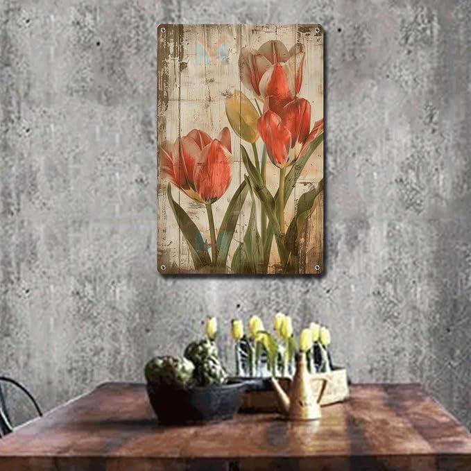 Metal Sign Tin Sign Vintage Wall Art Shabby Chic Tulips Tin Sign for Rustic Elegance Vintage Style and Distressed Wood Panels Garden Tin Signs for Club 8×12 Inches