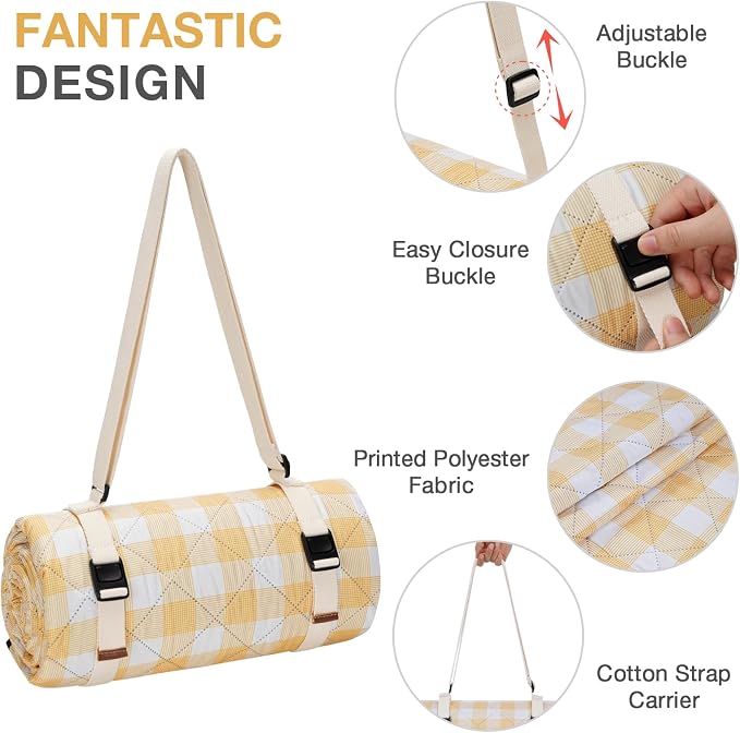 WILLOW WEAVE Picnic Blanket, 80''x80'' Waterproof Outdoor Blankets, Picnic Mat Washable for Beach, Picnic Blankets for Camping on Grass with Shoulder Strap - Yellow & White