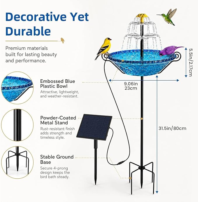 Solar Bird Bath Fountain for Outside,Plastic Birdbath with Metal Stand and Hook,New Spray System Outdoor Water Fountain,Floor-Standing and Wall-Mounted for Garden, Yard, Patio & Lawn Decor (Blue)