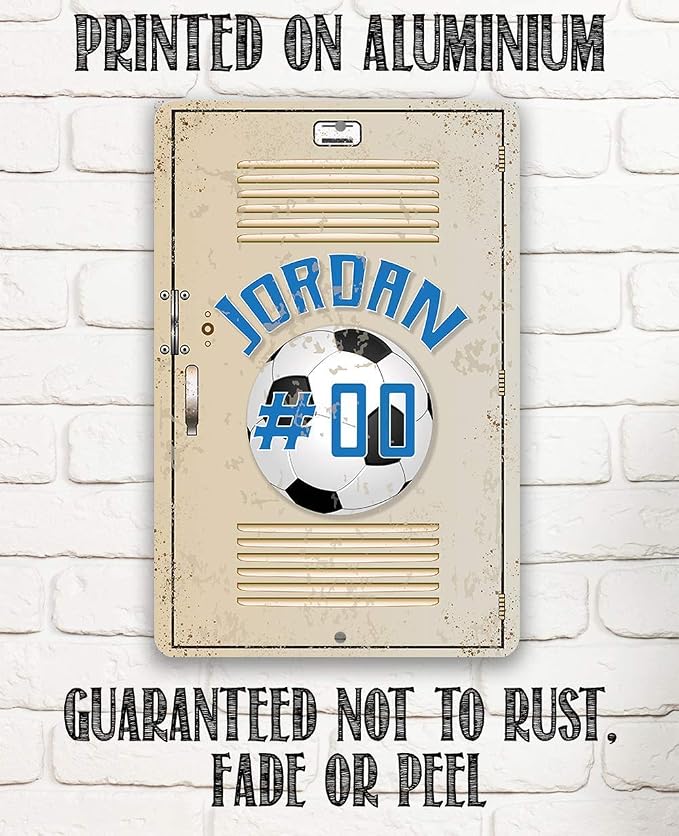 Personalized Soccer School Locker - Great Boy's Room Metal Tin Sign, High School Gym Teens Accessories, School Sports Customized Gift Idea, 8x12 or 12x18 Indoor or Outdoor Durable Metal Sign