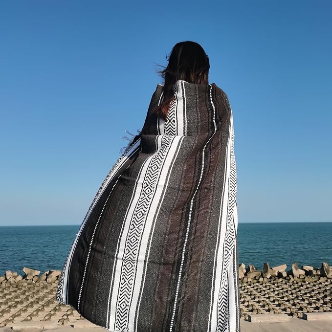 Airooglee 69" L x 51" W Large Mexican Blanket - Perfect as Yoga Outdoor Beach Serape Picnic Camping Blanket, Woven Blanket, Boho Home Décor - Grey