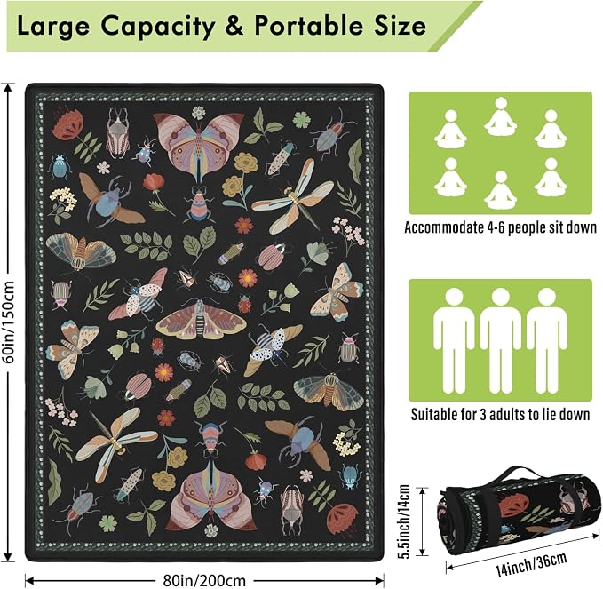 Insect Picnic Blankets Waterproof Foldable, 60″X80″ Packable Picnic Mat Boho Outdoor Blanket for Grass, Large Beach Blanket Sandproof Picnic Accessories for Camping Music Festival Park Lawn Travel
